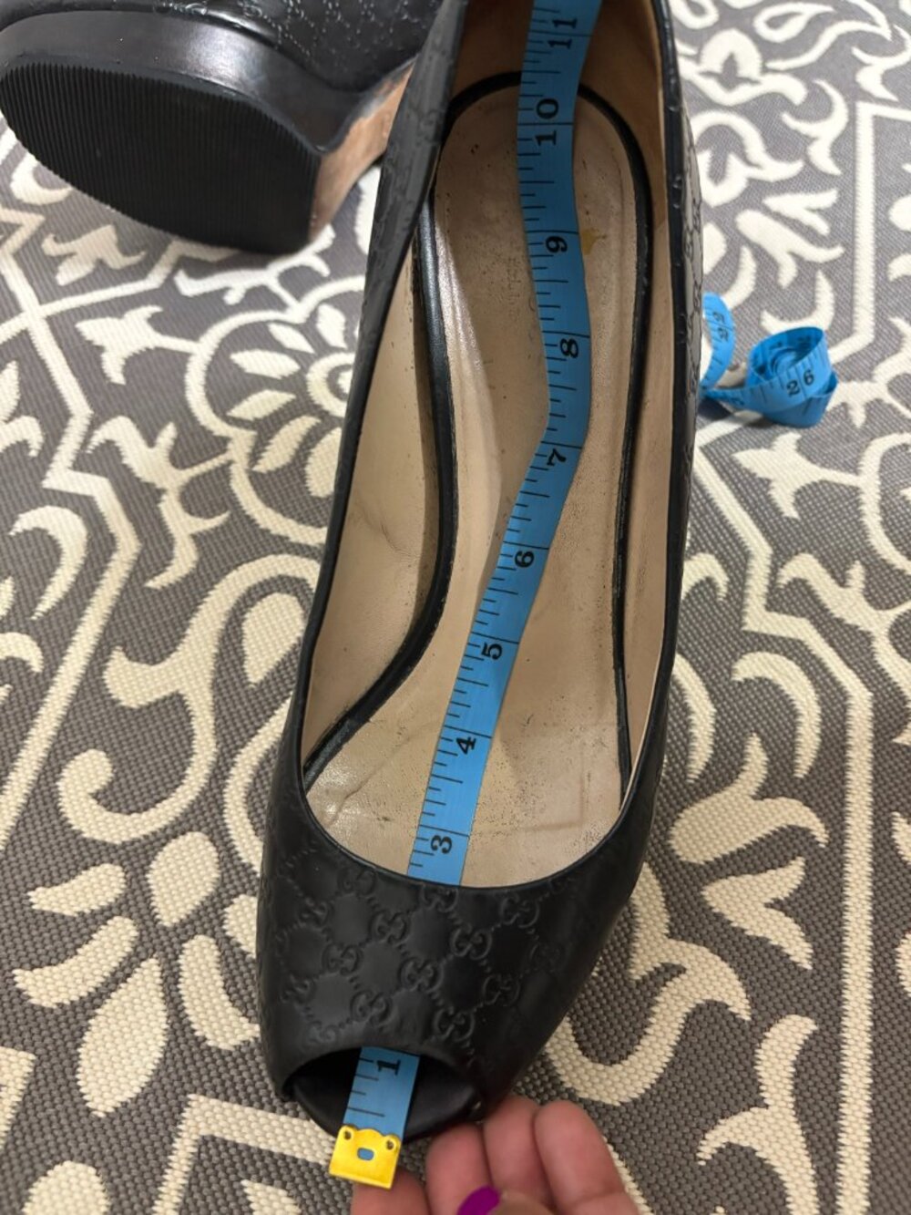 Gucci Black Peep=toe Block Heels Embossed Pumps Monogram Guccissima - Picture 6 of 10